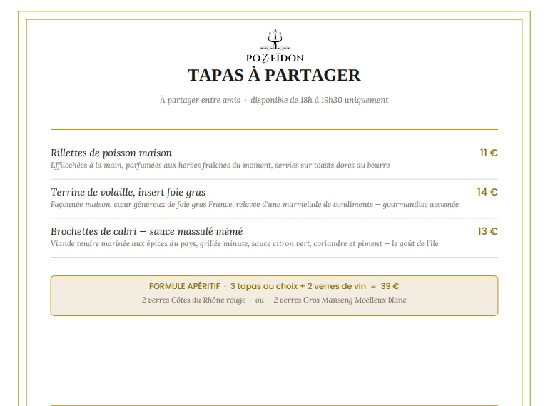 Carte des Tapas Pozeïdon